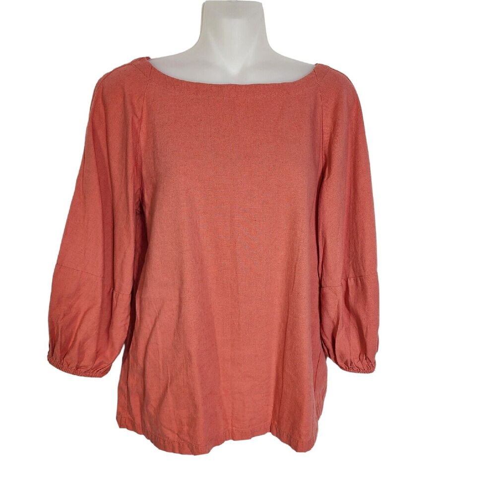 Loft Womens Blouse XS Pullover 3/4 Balloon Sleeve Linen Blend V Back Lagenlook